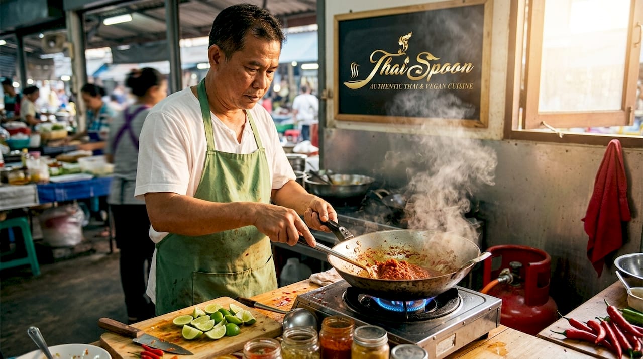 Thai chef preparing layered curry flavors