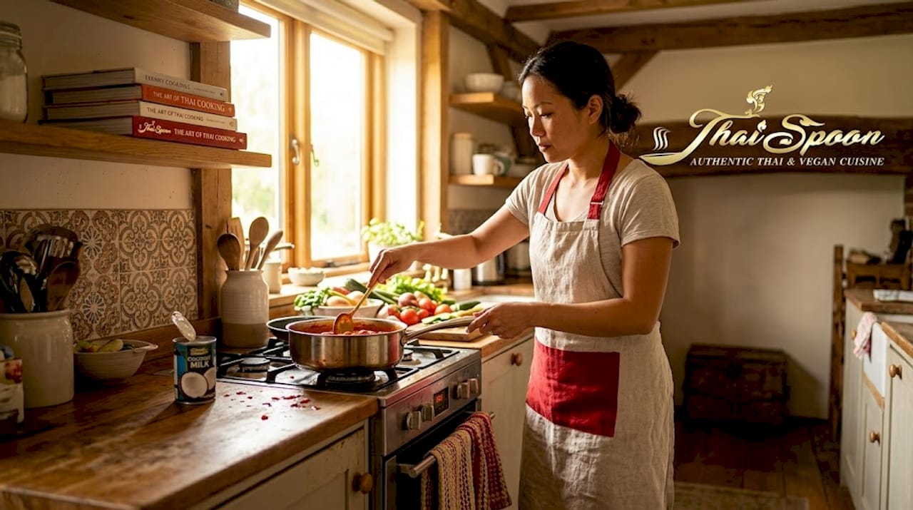 Home cook preparing red curry in kitchen