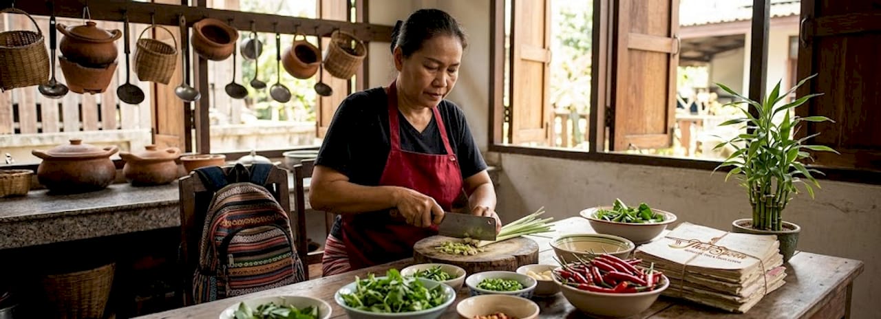Thai woman preparing meal in family kitchen