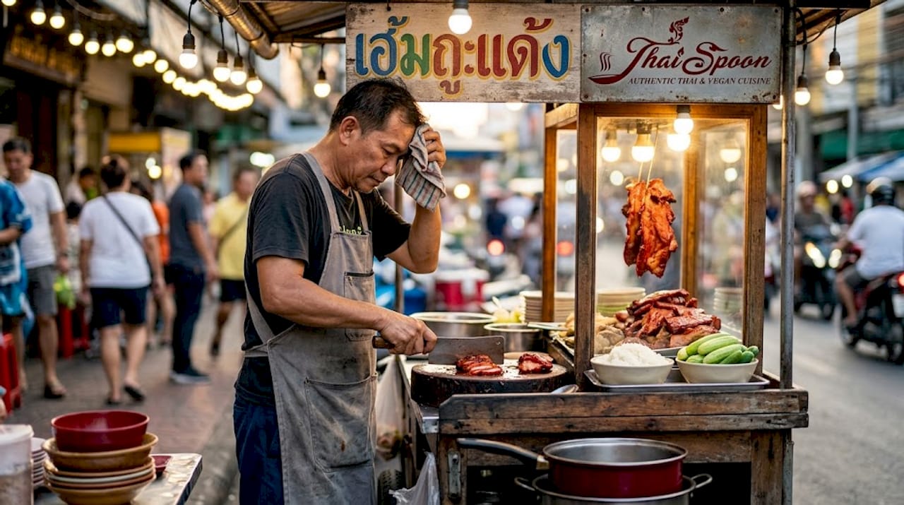 Street vendor prepares Khao Moo Daeng pork rice