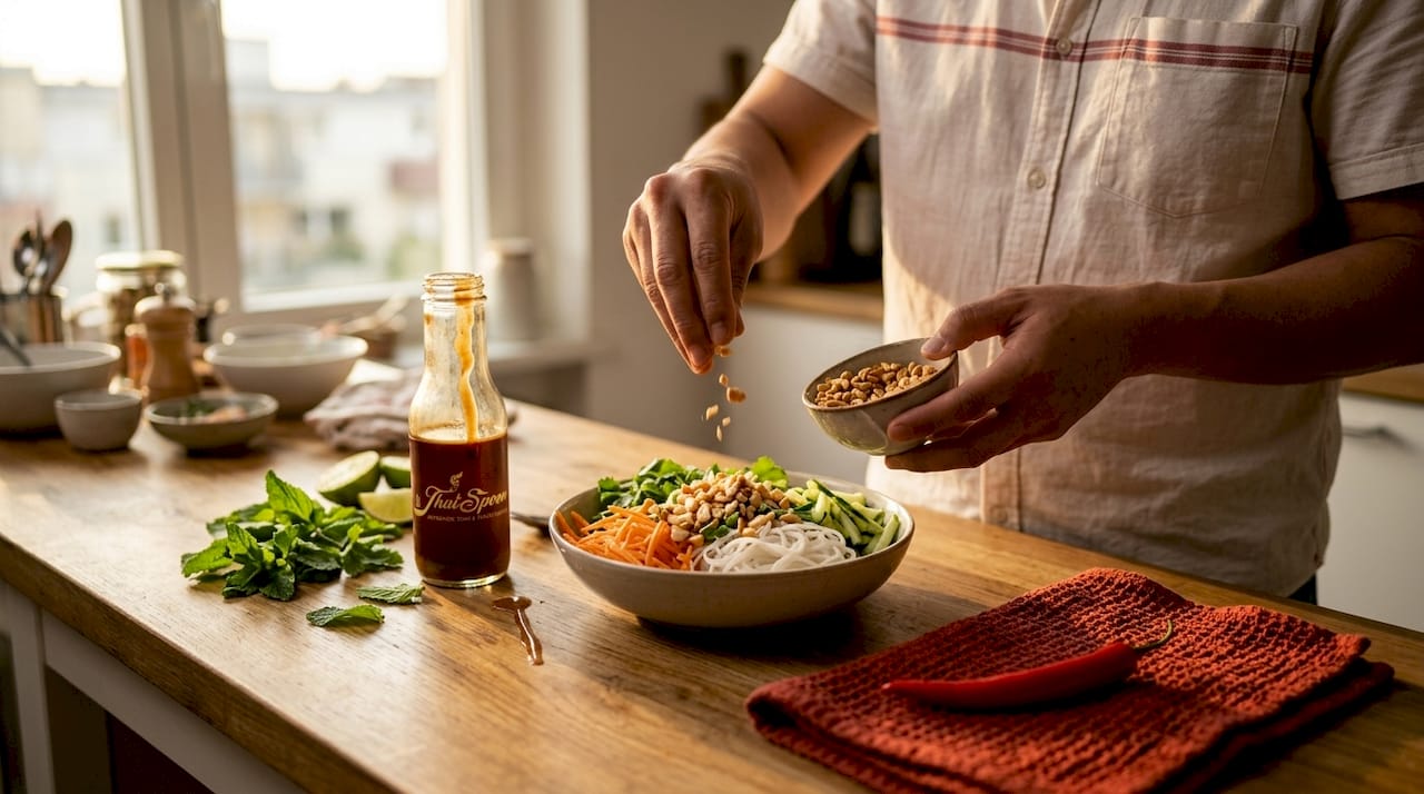 Garnishing Thai rice vermicelli noodle salad