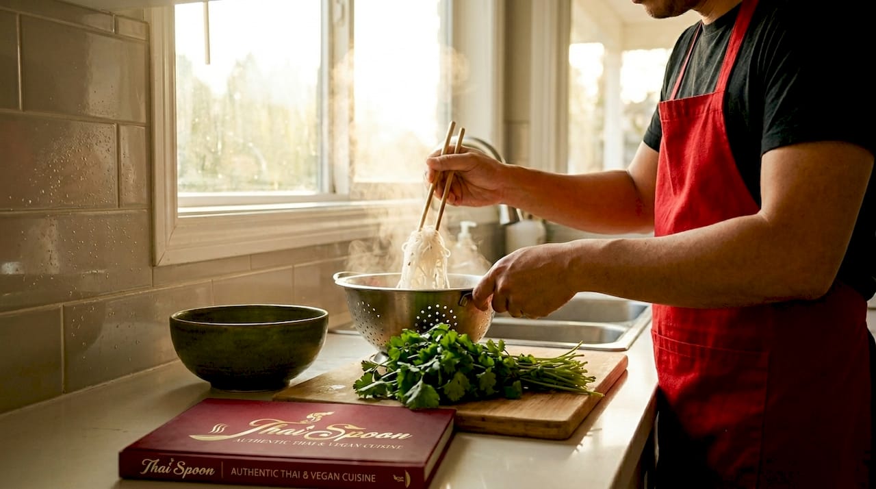 Home cook untangling rice vermicelli noodles