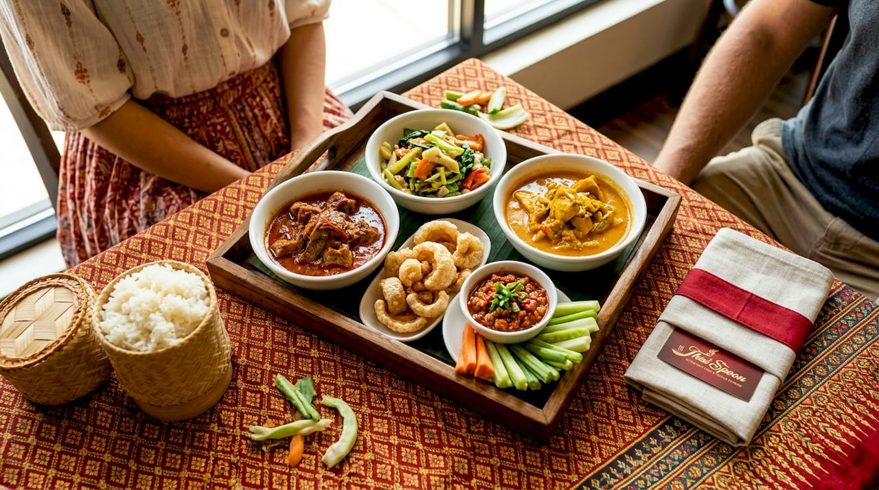 Traditional Khantok tray with Thai banquet foods