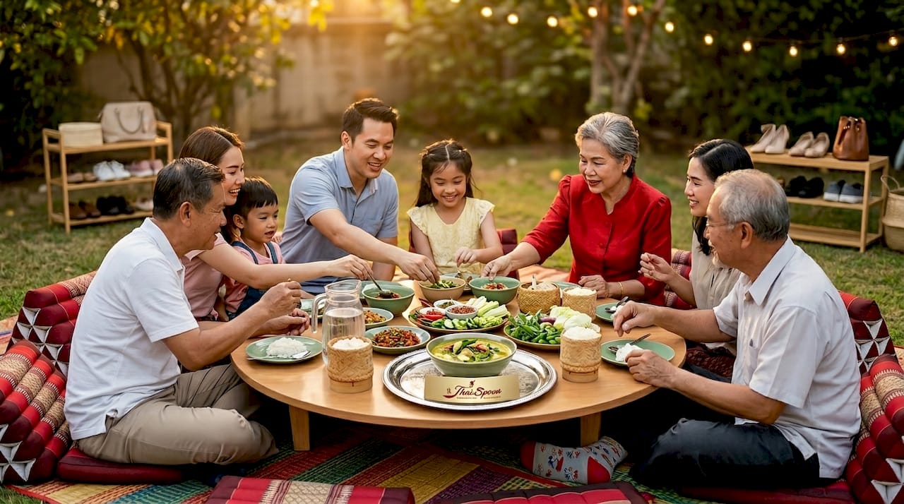 Thai family sharing dishes on low table