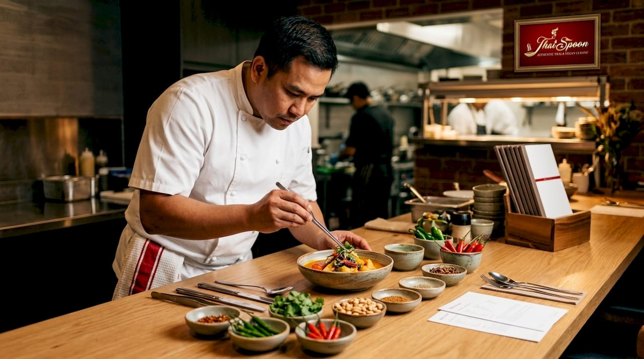 Thai chef plating food at chef's table