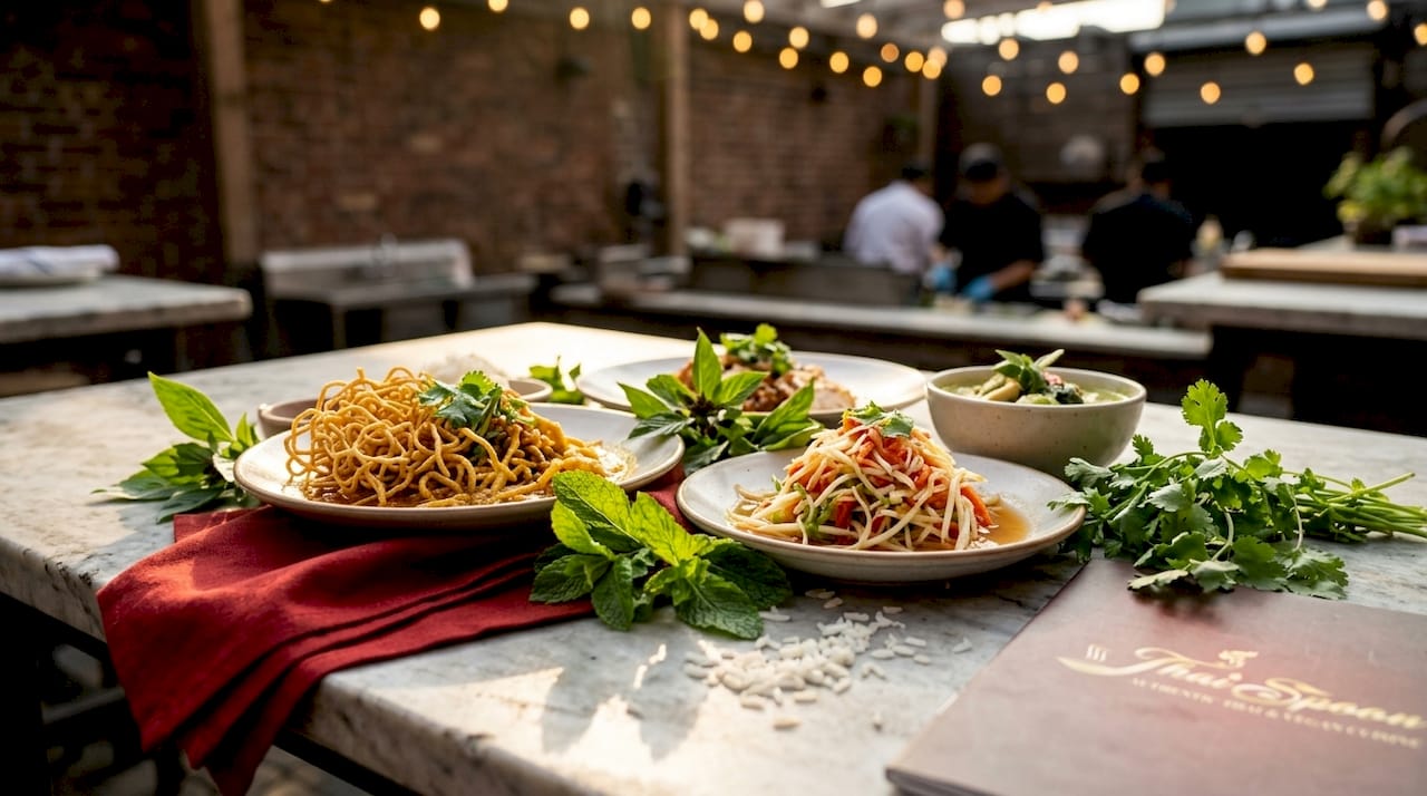 Selection of Thai tasting menu dishes at chef's table