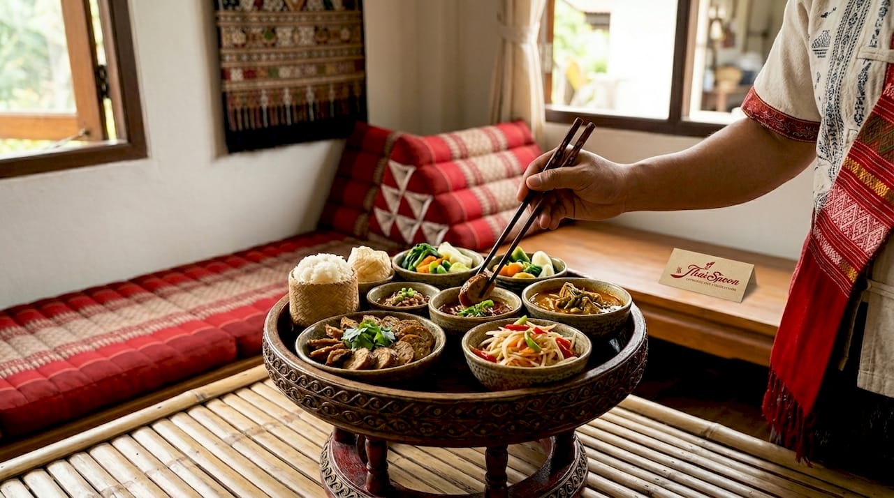 Khantok tray with traditional Northern Thai dishes