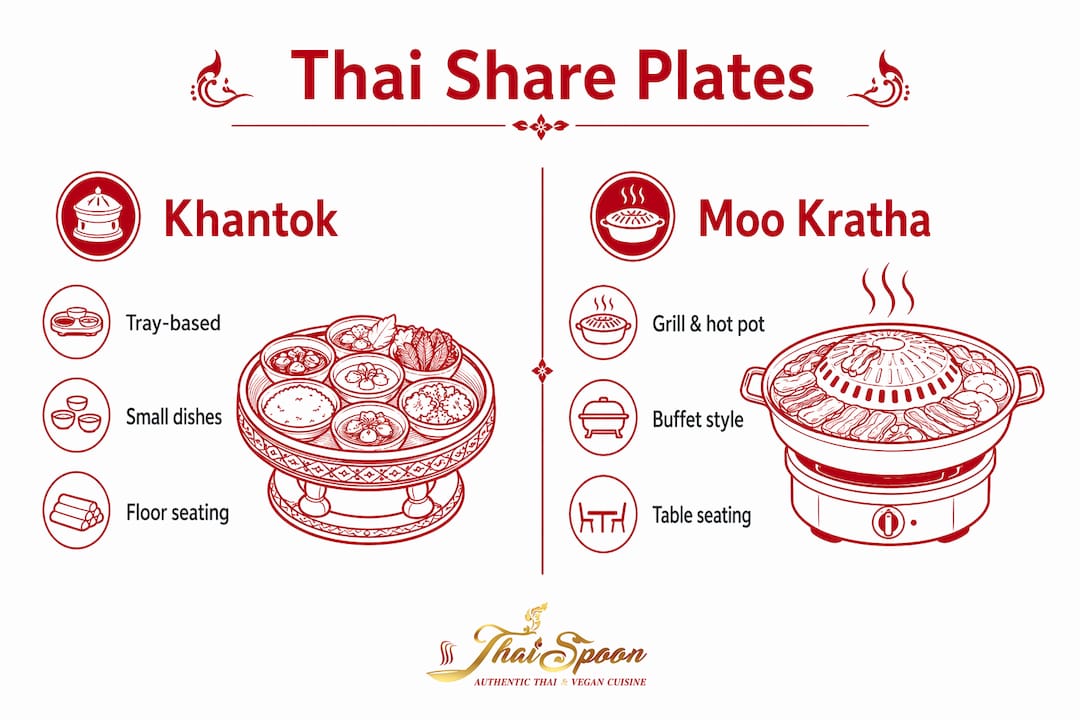 Infographic comparing Khantok and Moo Kratha Thai share plate styles