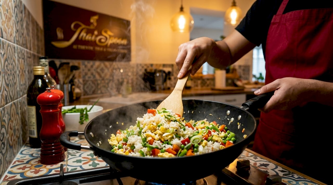 Close-up fried rice with eggs and vegetables