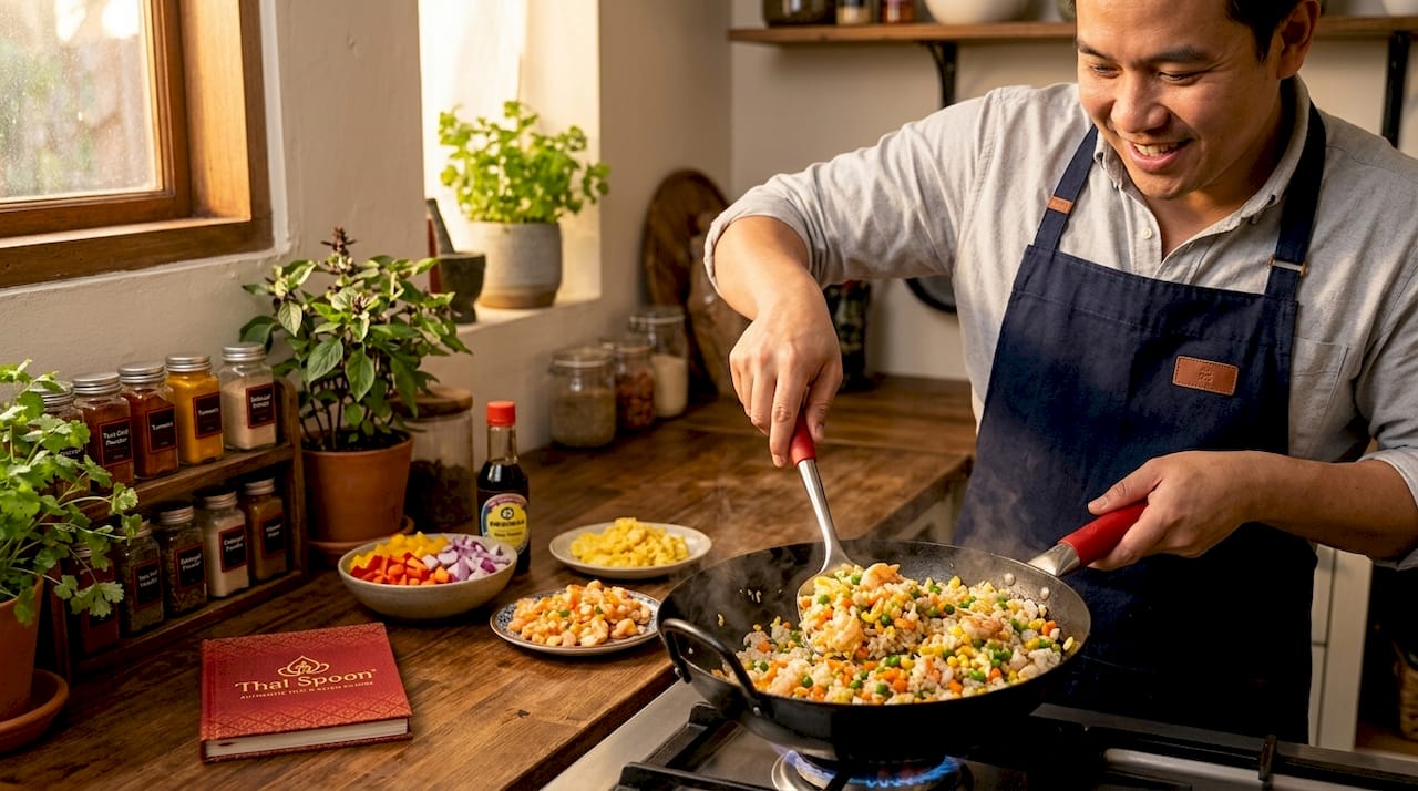 Cook stirring fried rice in kitchen wok