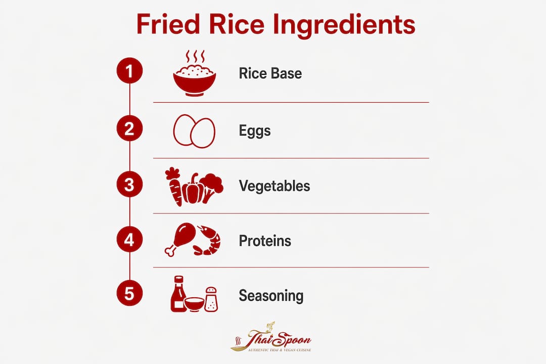 Infographic showing five key fried rice ingredients as steps