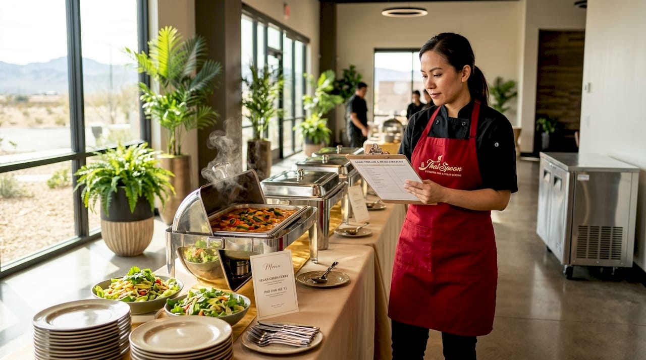 Catering coordinator oversees large outside buffet setup