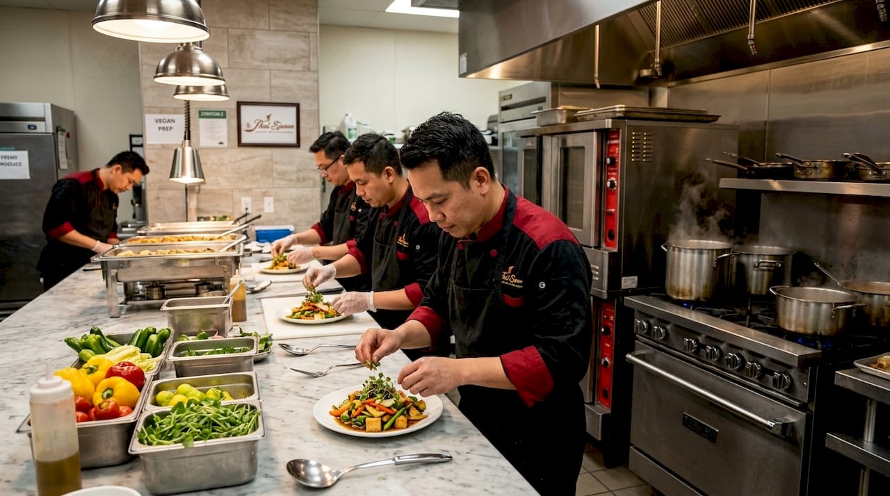 Chefs preparing meals in catering kitchen