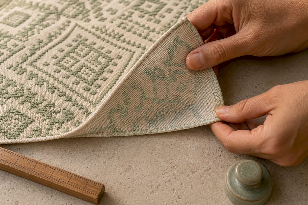 Hands revealing jacquard fabric reverse pattern