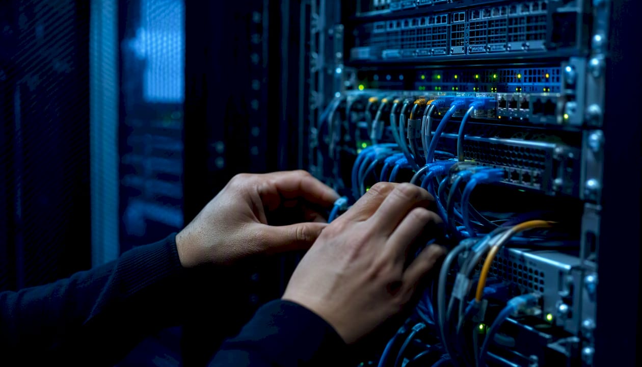 Tecnici al lavoro tra i cavi e le apparecchiature nella sala server
