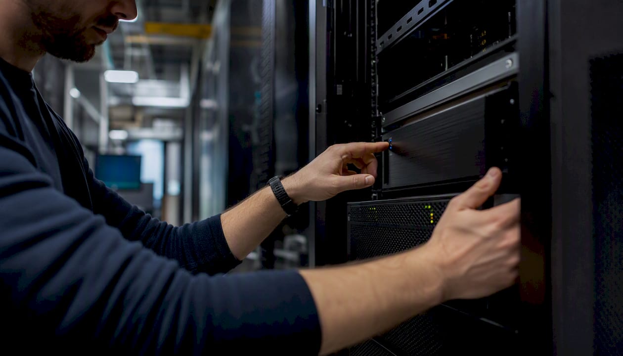 Tecnici al lavoro che verificano i sistemi di backup sui server
