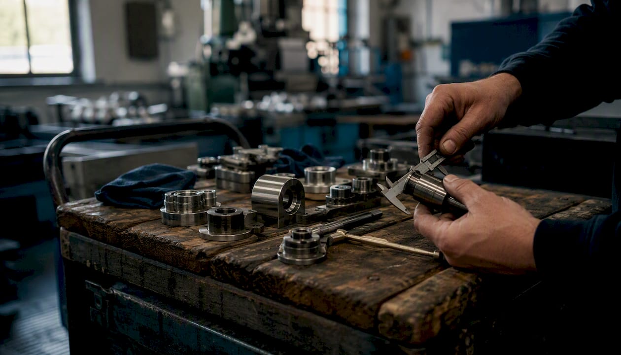 Mani che lavorano su pezzi meccanici appoggiati su un banco da lavoro