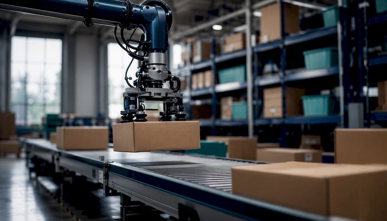 Braccio robotico in magazzino che preleva un pacco