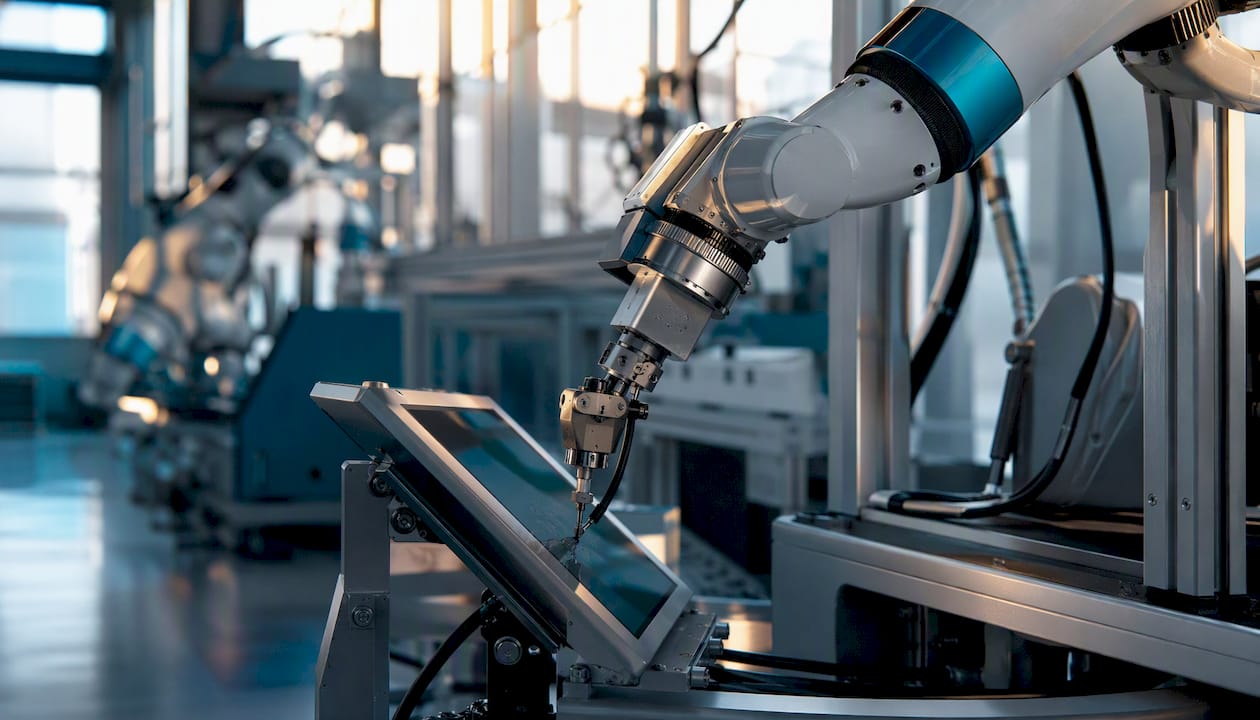 Braccio robotico dotato di sensori digitali utilizzato in ambiente industriale