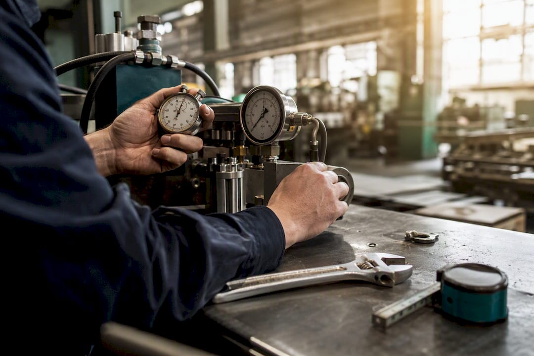 Mani che regolano timer e indicatori in postazione di produzione