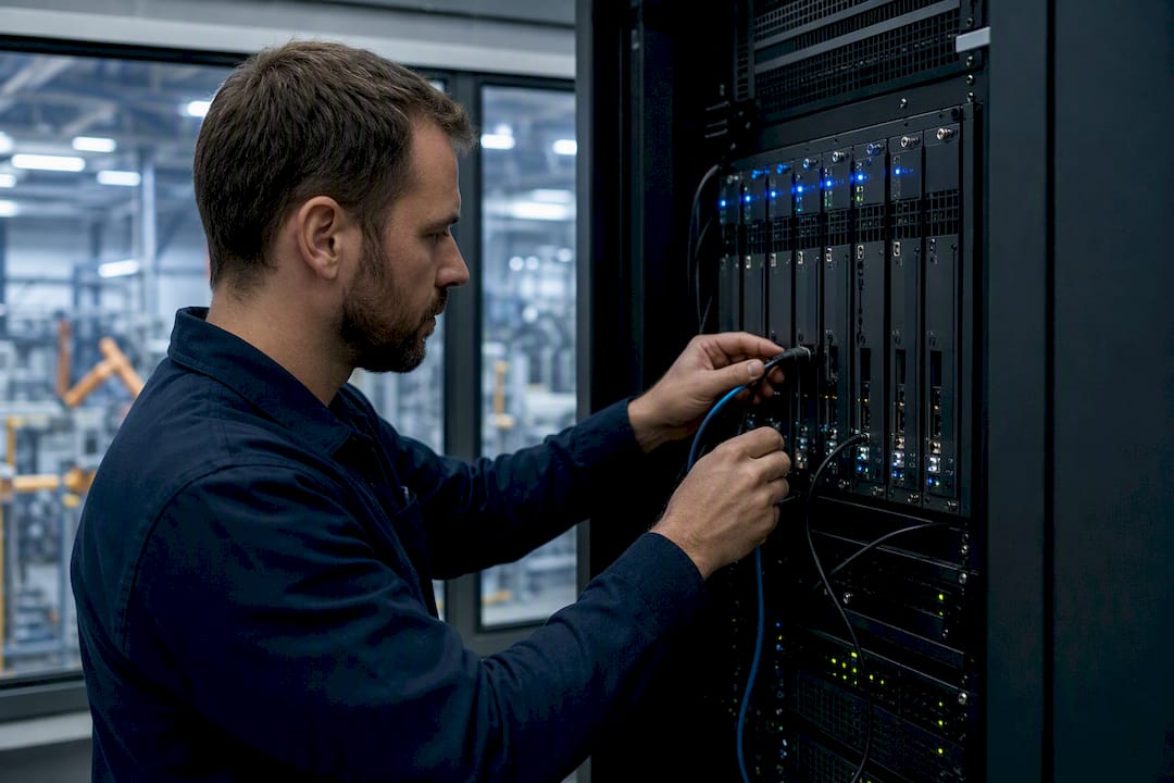 Mani che collegano cavi dati in un quadro di controllo industriale