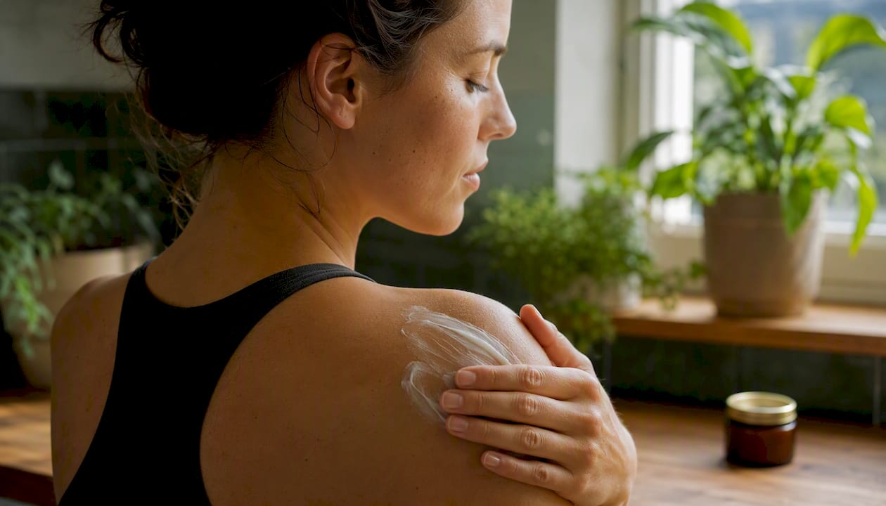 Hands applying topical CBD cream