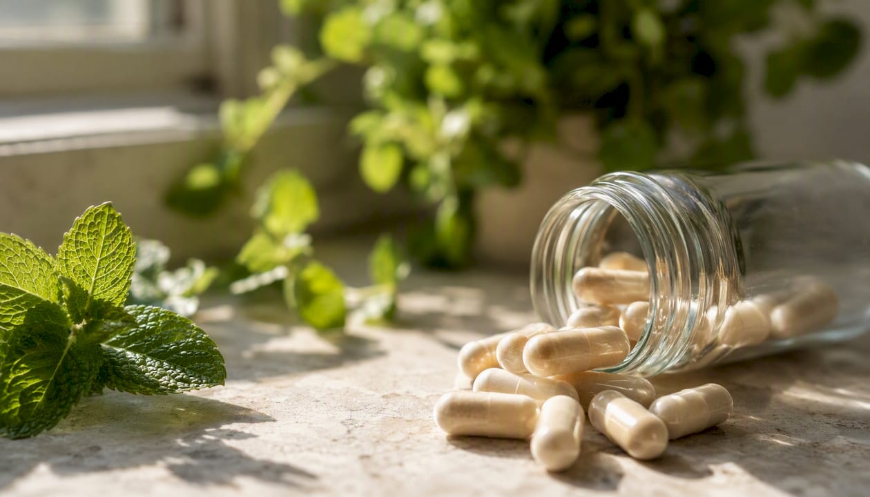 Melatonin supplement capsules on wood table