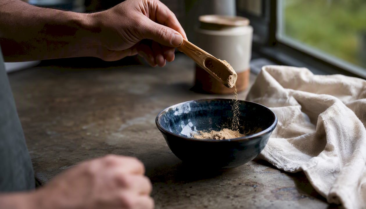 Spoon measuring ashwagandha powder into bowl
