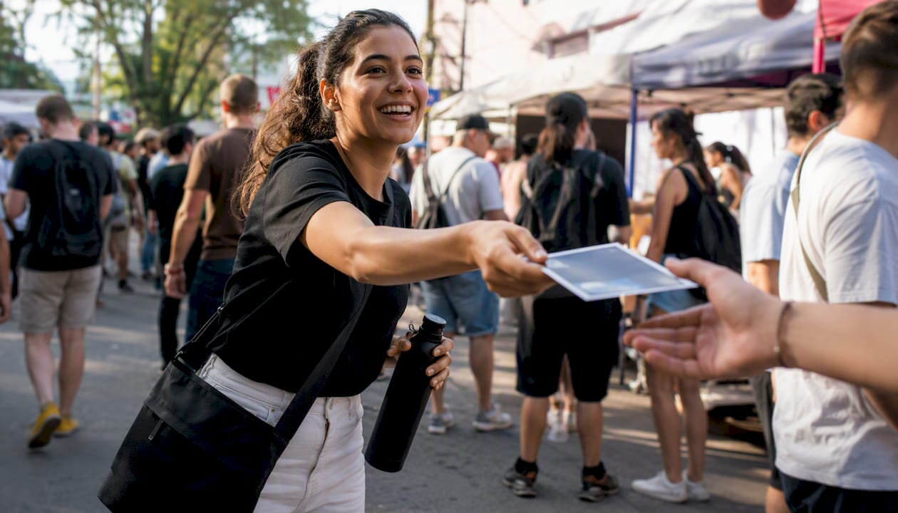 Promo team member handing flyers at street activation
