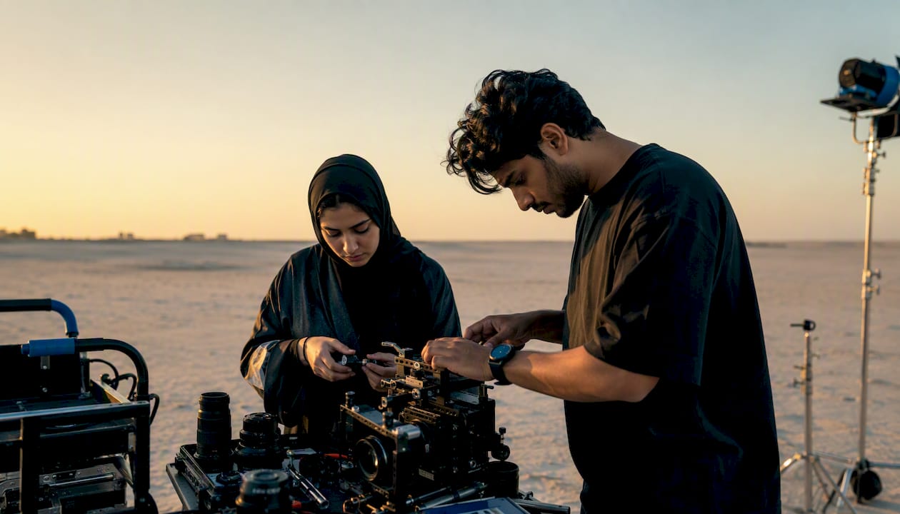 Film crew adjusting camera setup