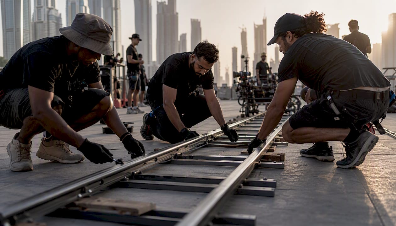 Grips laying dolly track on film set