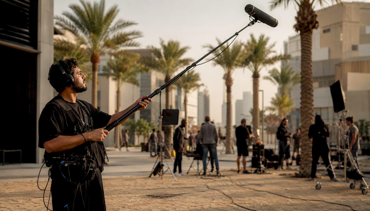 Boom operator positioning microphone over actors