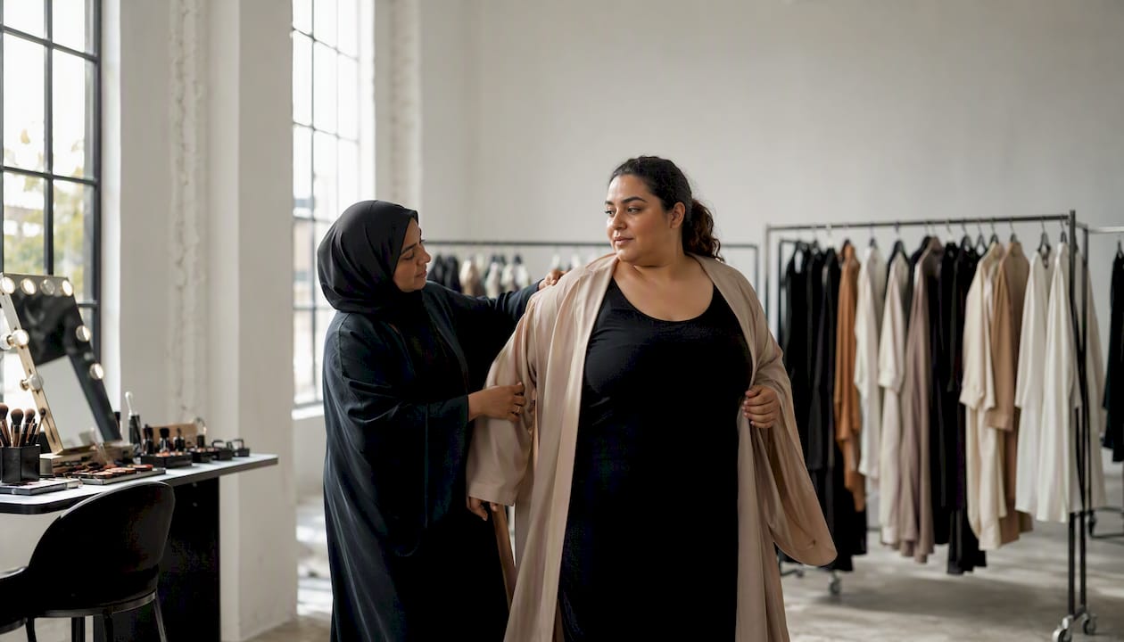 Stylist helping plus size model with wardrobe