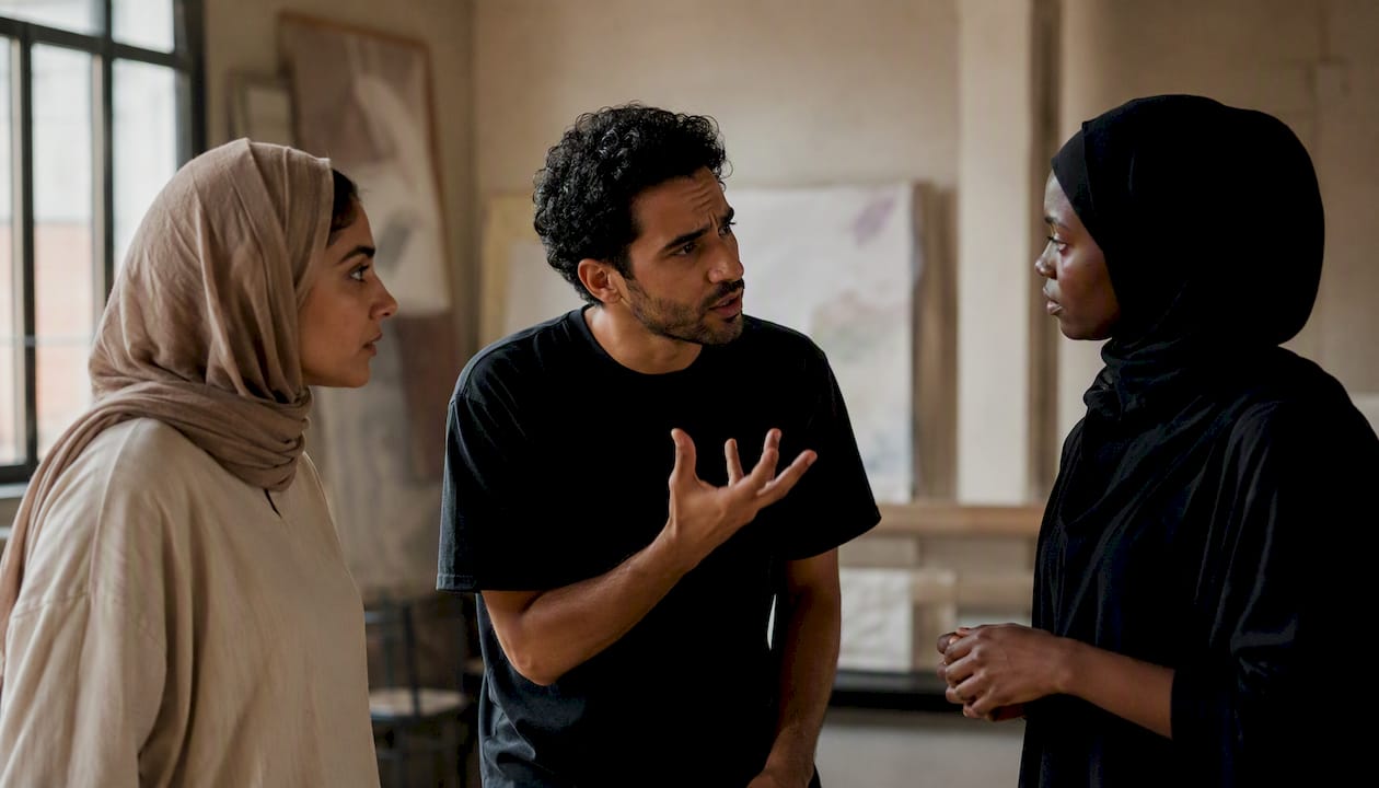 Diverse actors rehearsing expressive scene