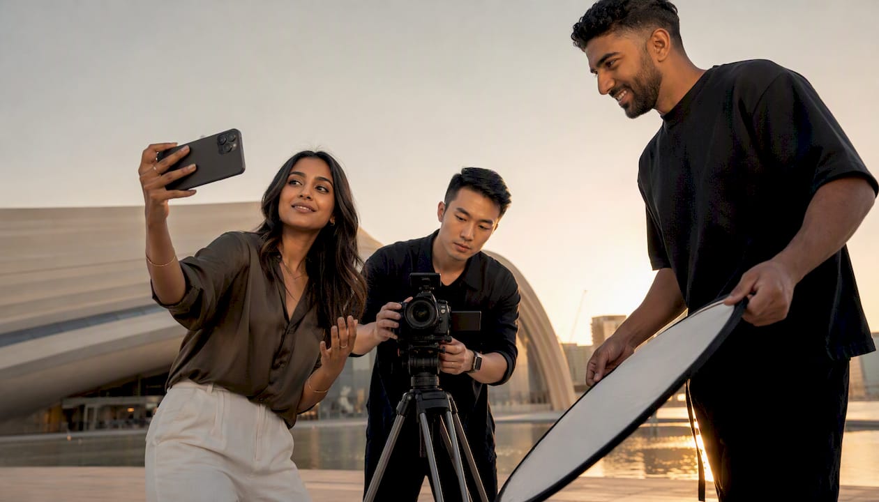 Influencers actively preparing filming setup