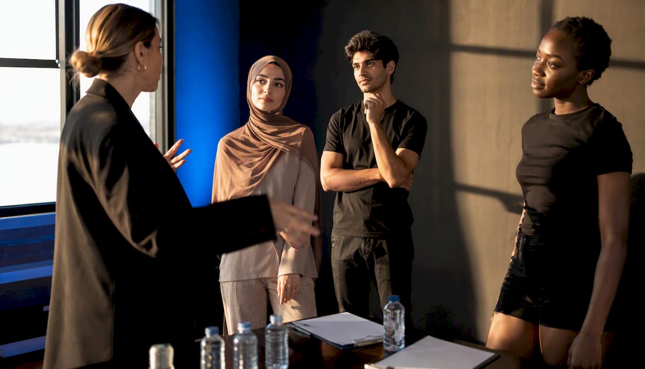 Diverse backup talent rehearsing in casting room
