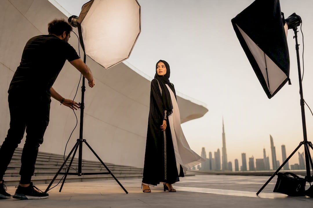 Lighting technician adjusting studio lights for fashion shoot
