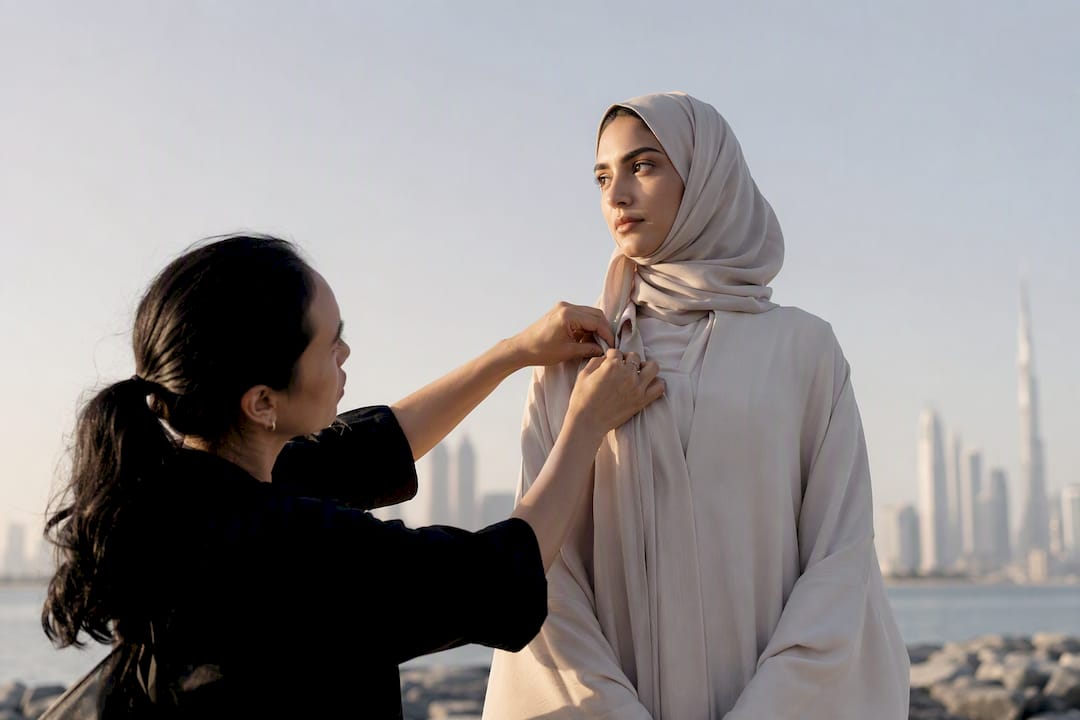 Stylist pinning clothing on model on set