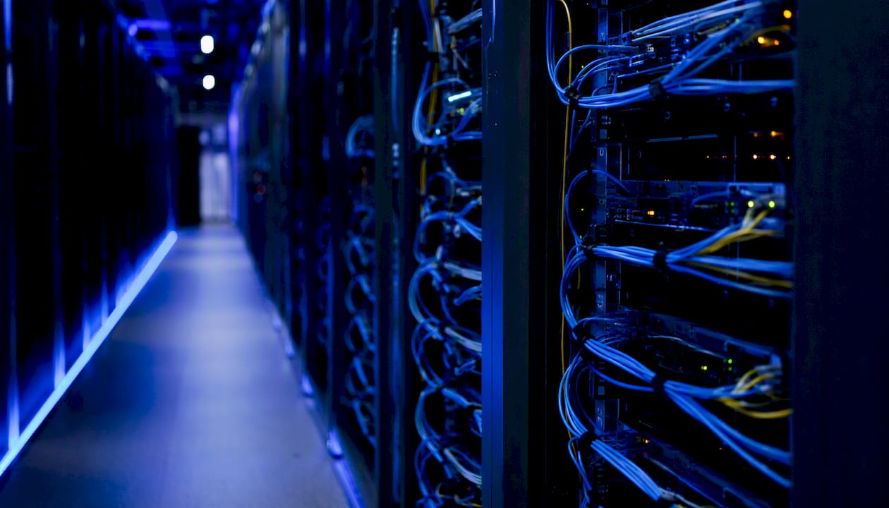 Cloud data center server corridor with cables