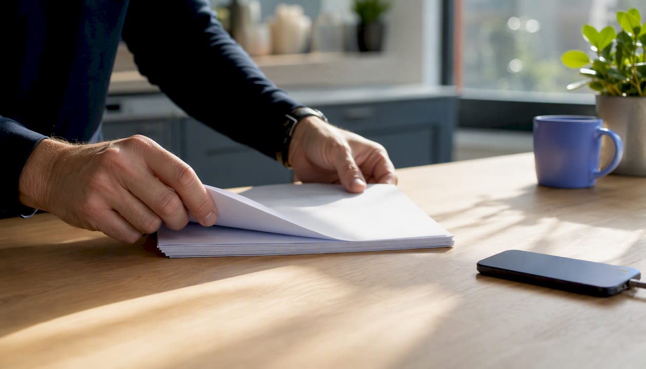 Hands organizing invoices on desk with tablet nearby