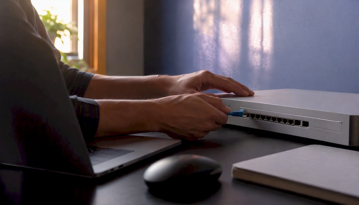 Hands plugging network cable into switch
