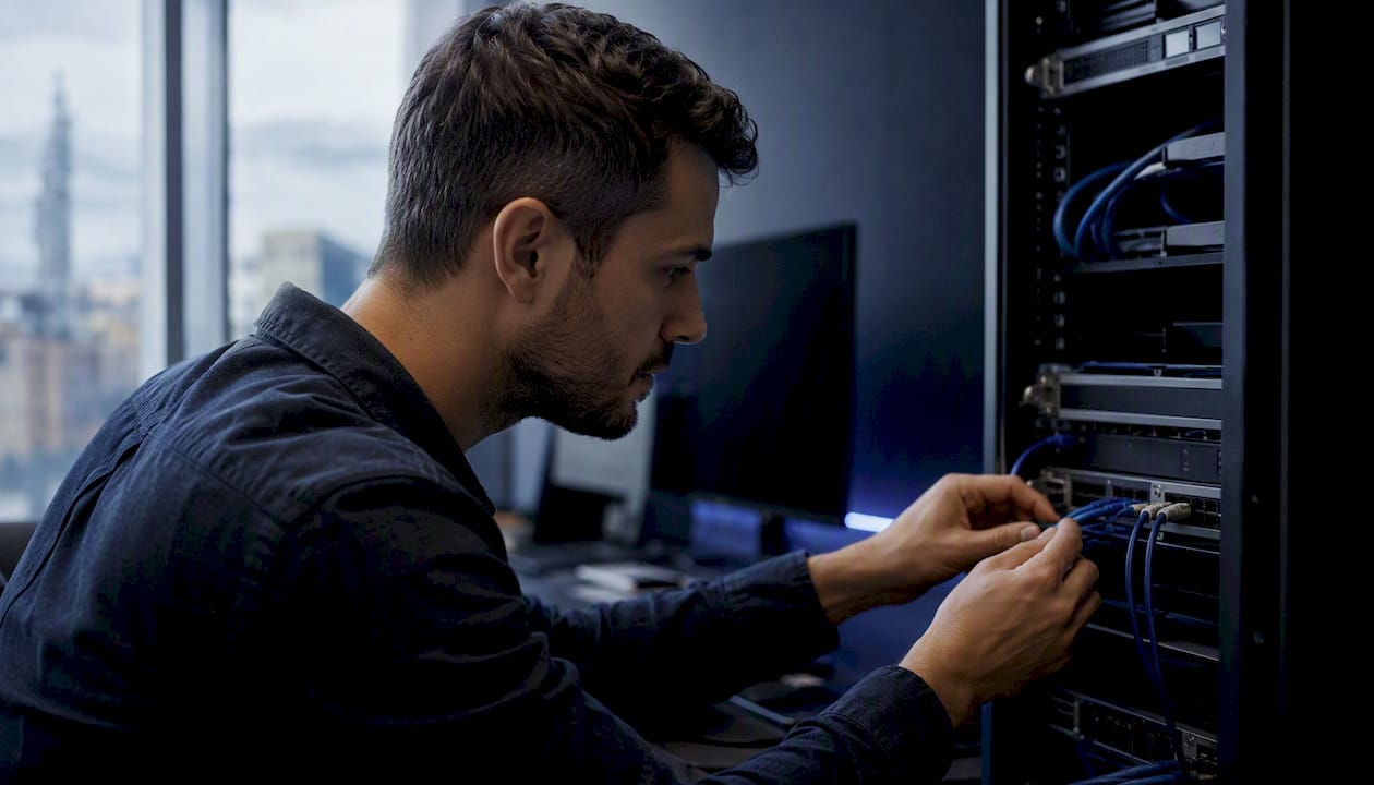 Hands wiring network cables on modern desk