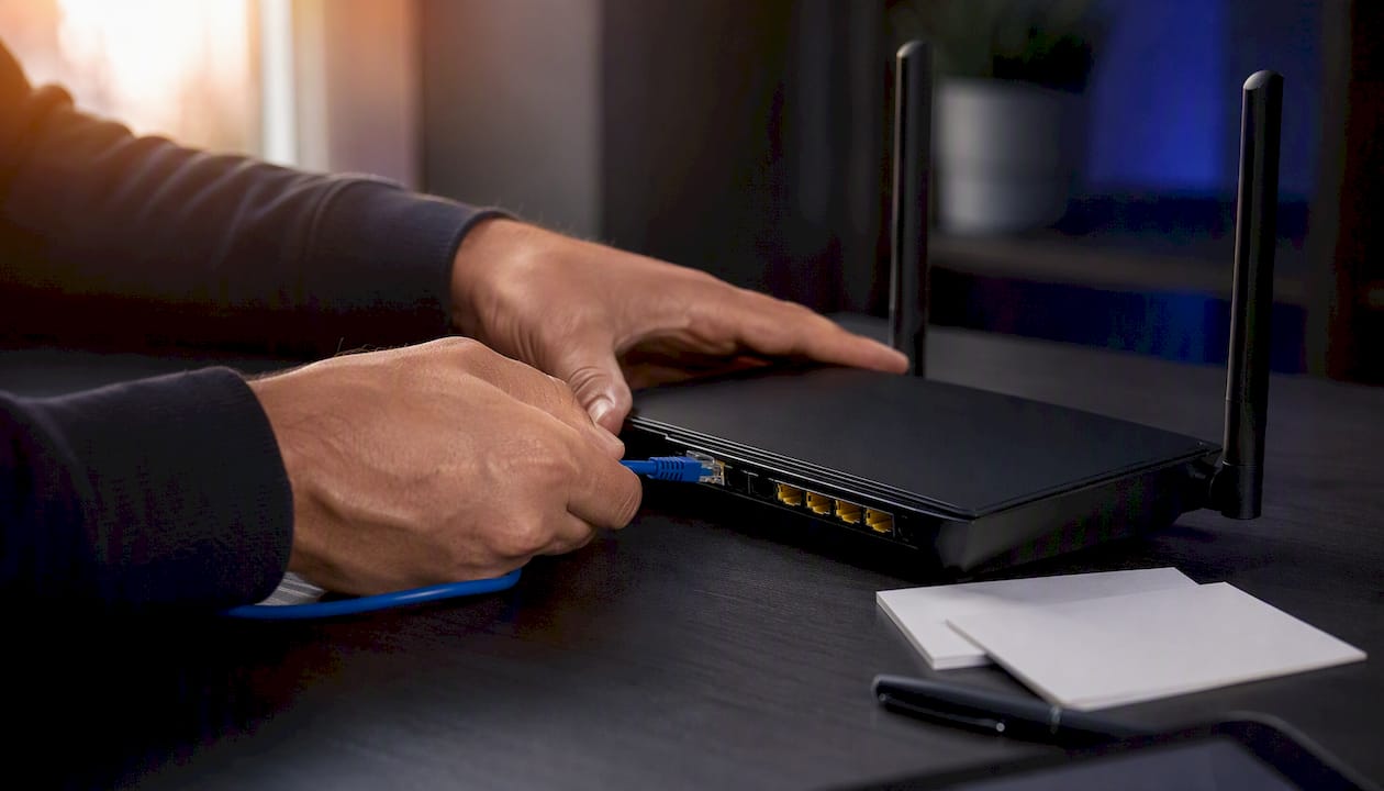 Hands connecting ethernet cable to router