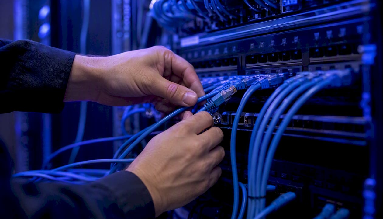 Technician connecting network cables in dark server rack