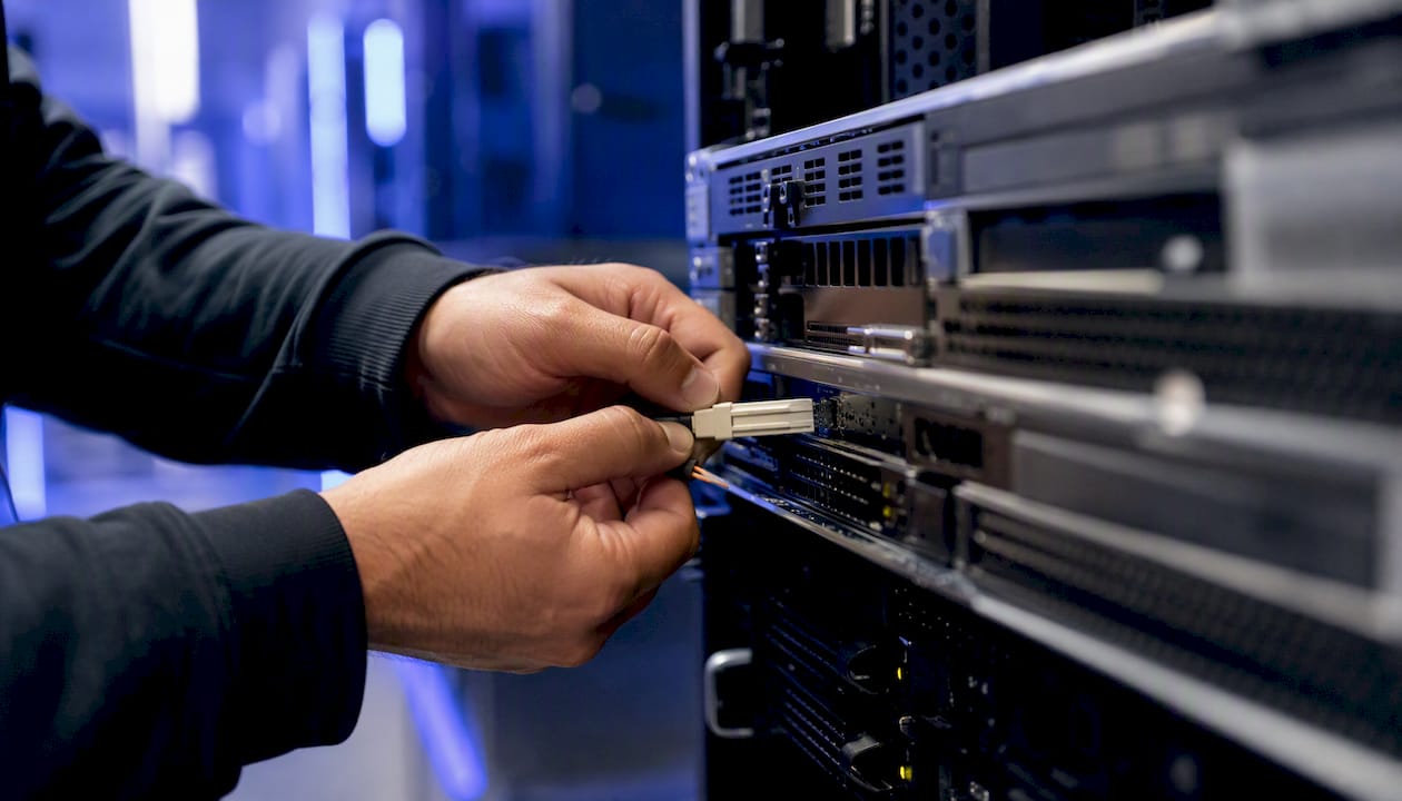 Hands connecting server rack cable