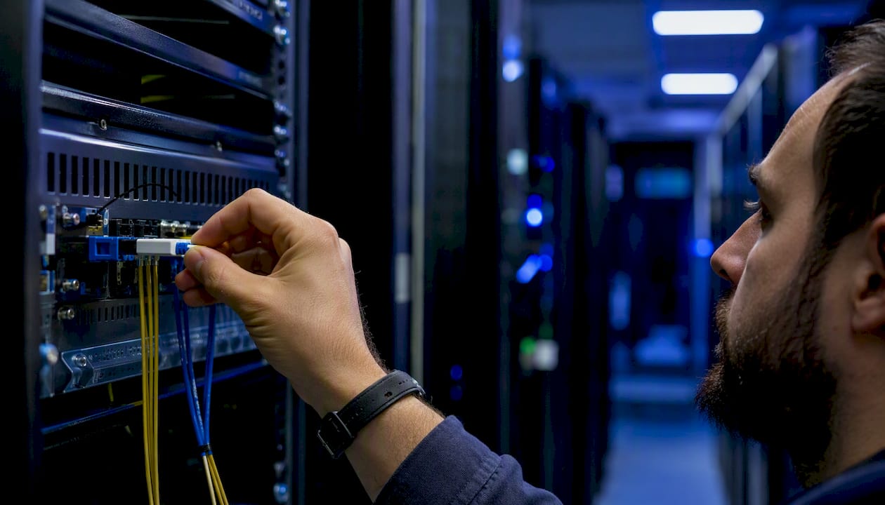 Technician connecting fiber optic cable in server room