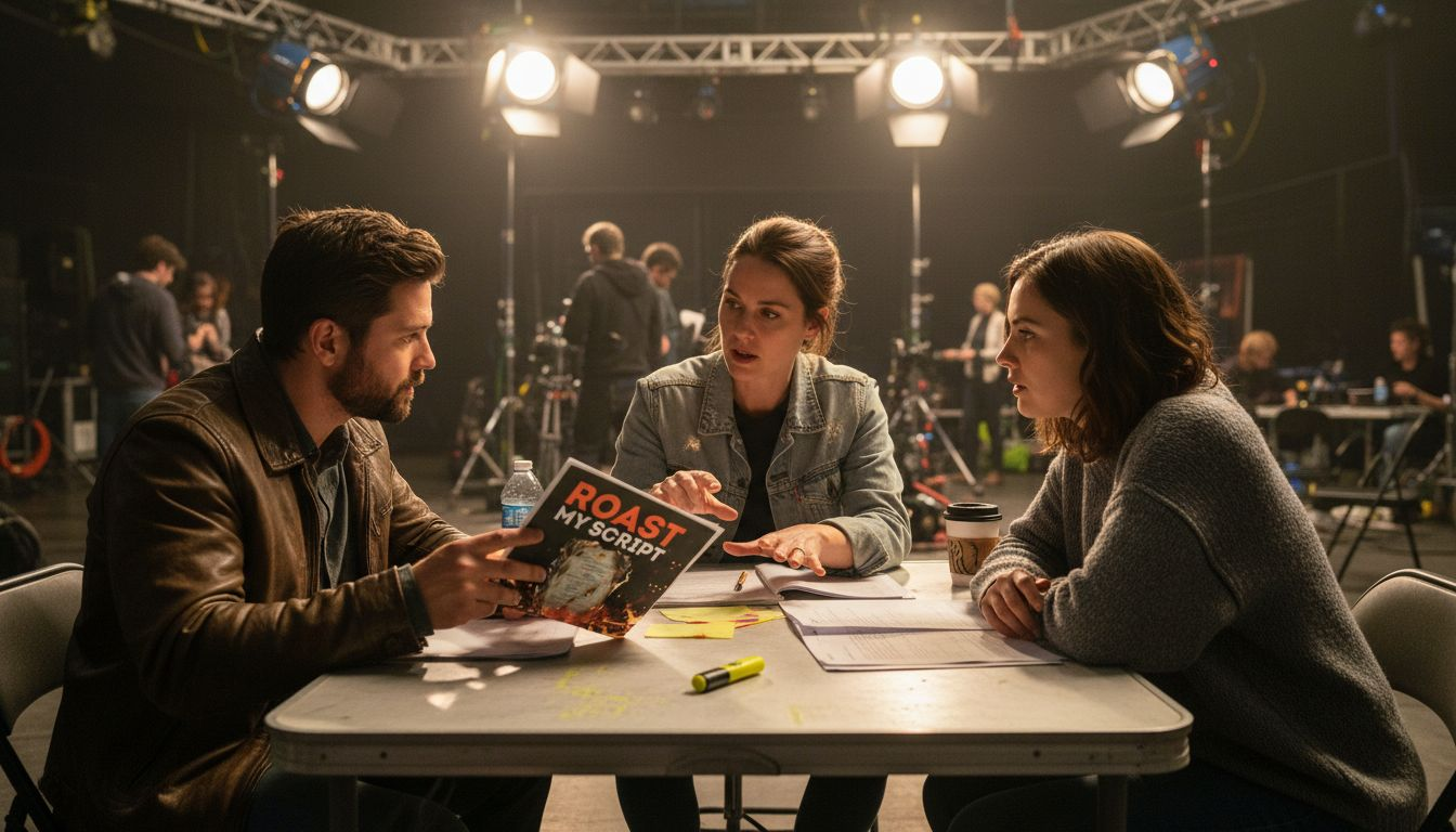 Director and actors discuss script at film set