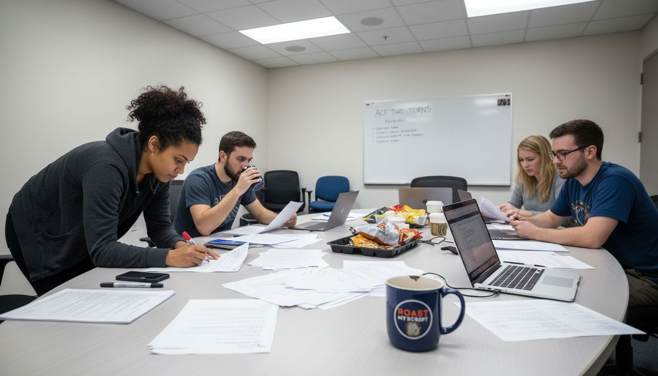 Writers discussing feedback in screenwriting workshop