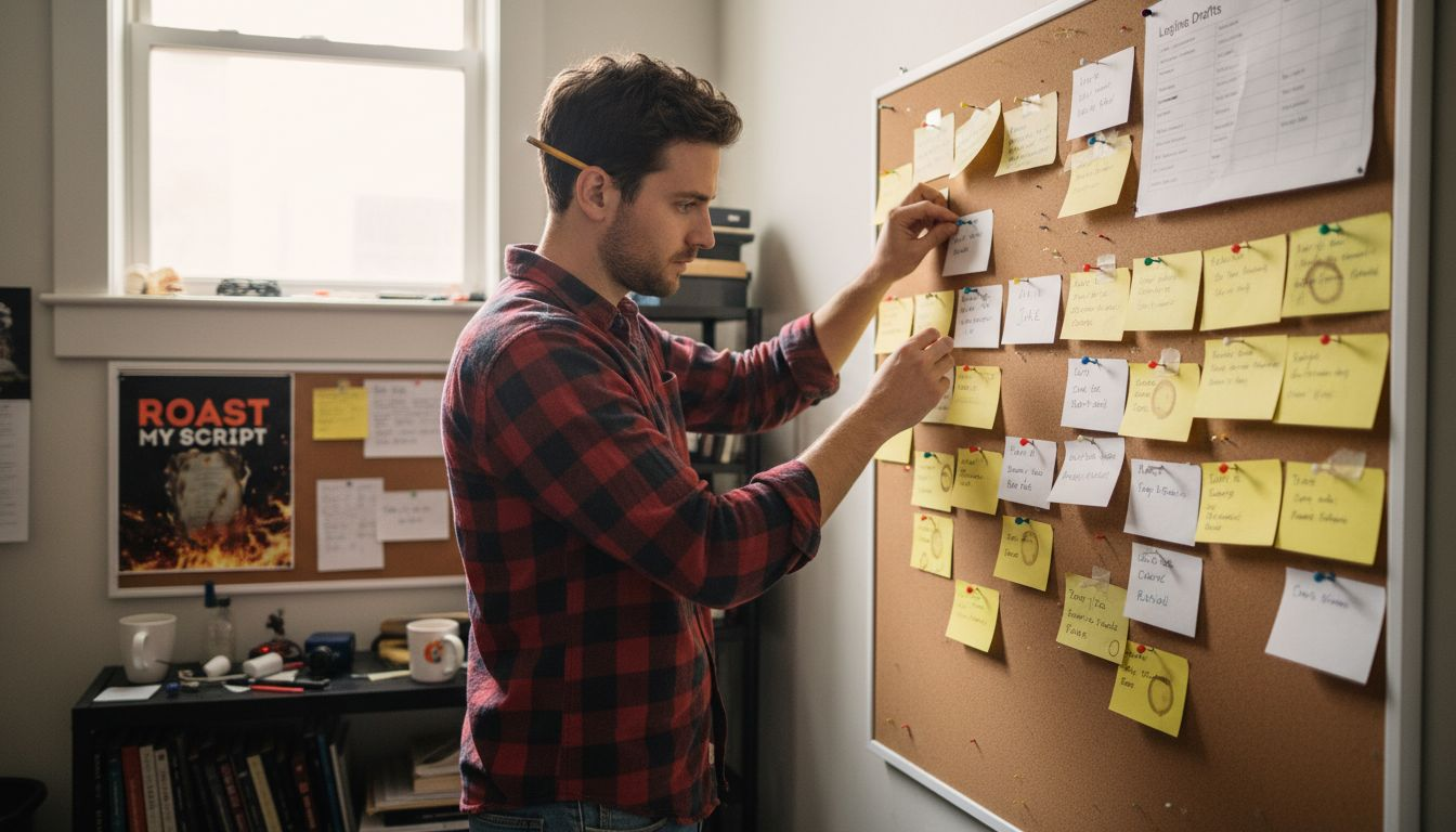 Filmmaker arranging story ideas on wall