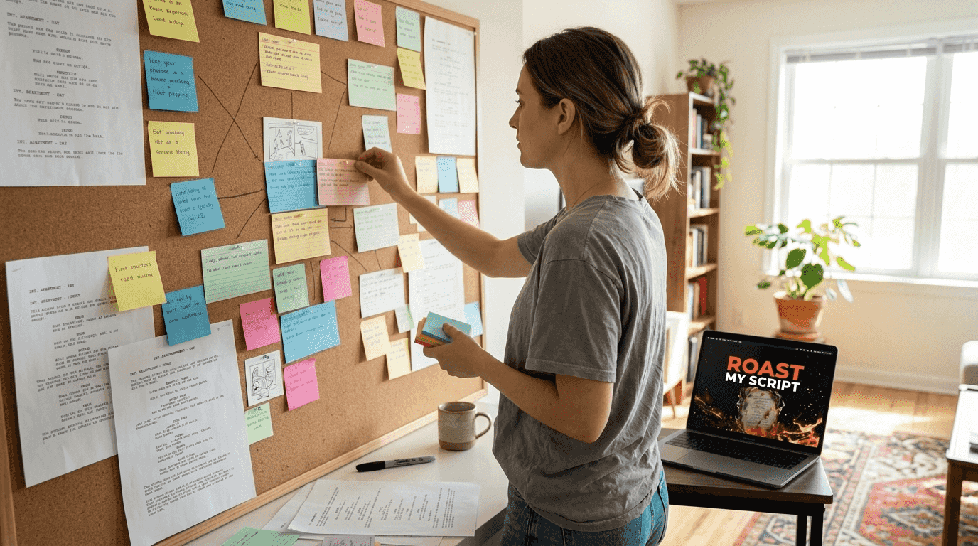 Writer arranging scene cards on storyboard wall